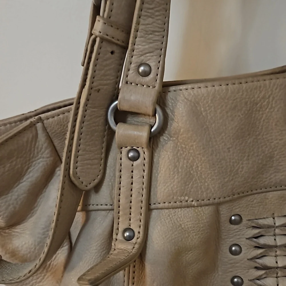 VTG LUCKY BRAND Large Ecru Leather Western Boho Studded Bag